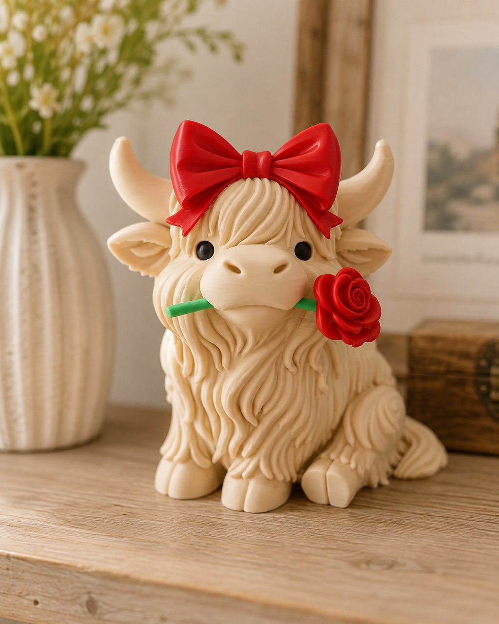 Vache Highland avec rose – Figurine décorative mignonne