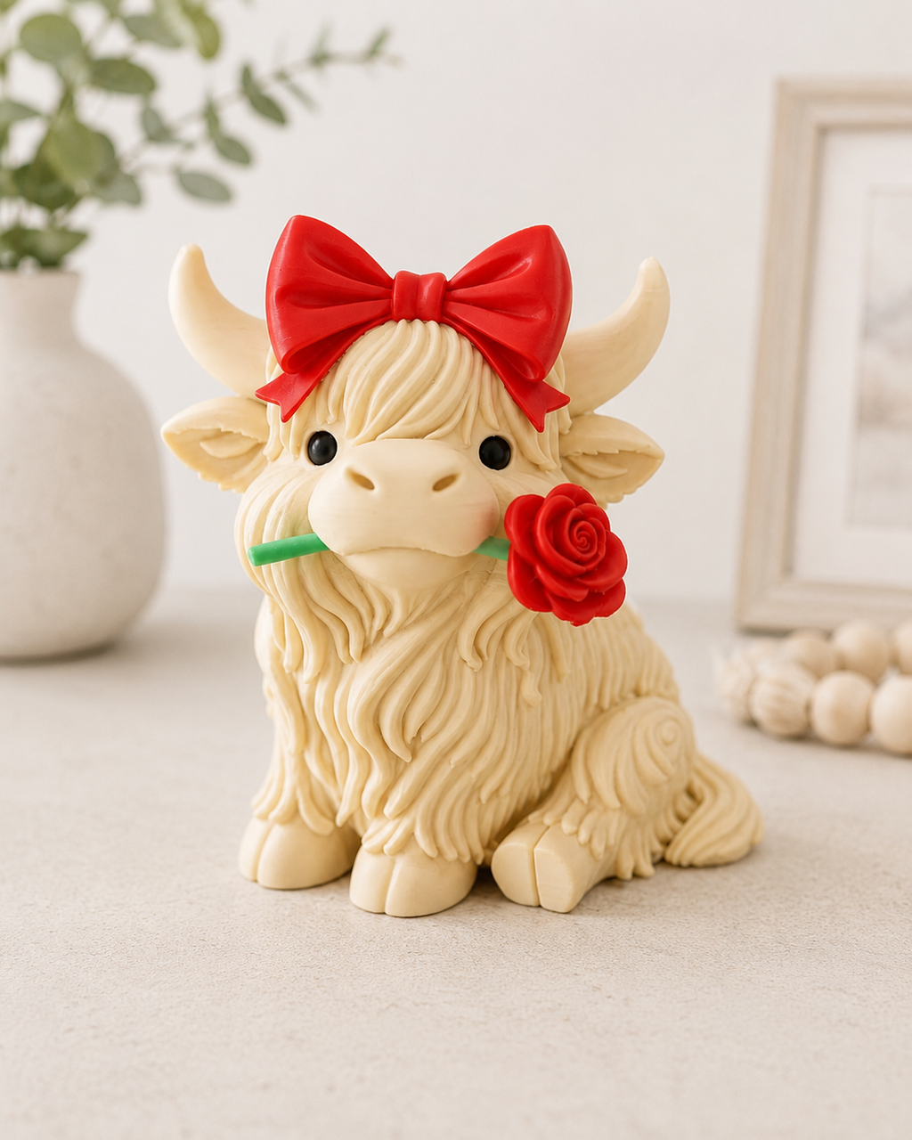Vache Highland avec rose – Figurine décorative mignonne