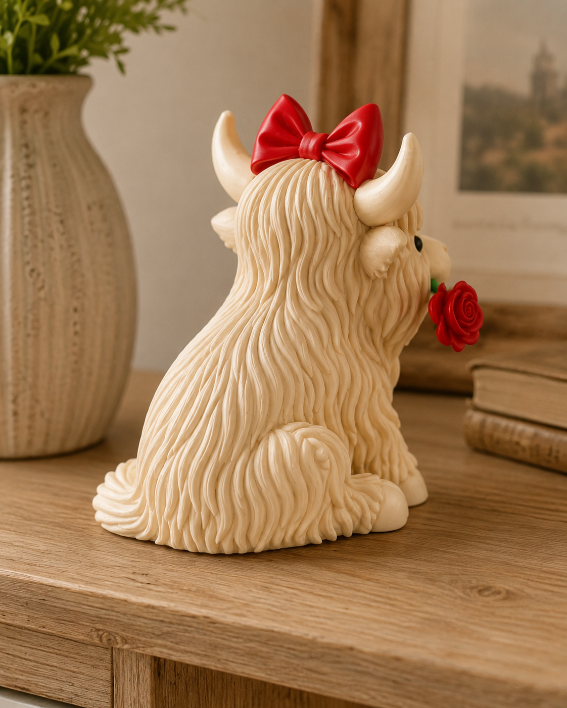 Vache Highland avec rose – Figurine décorative mignonne