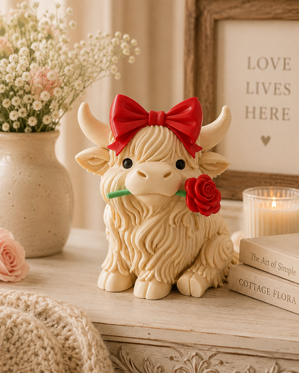 Vache Highland avec rose – Figurine décorative mignonne