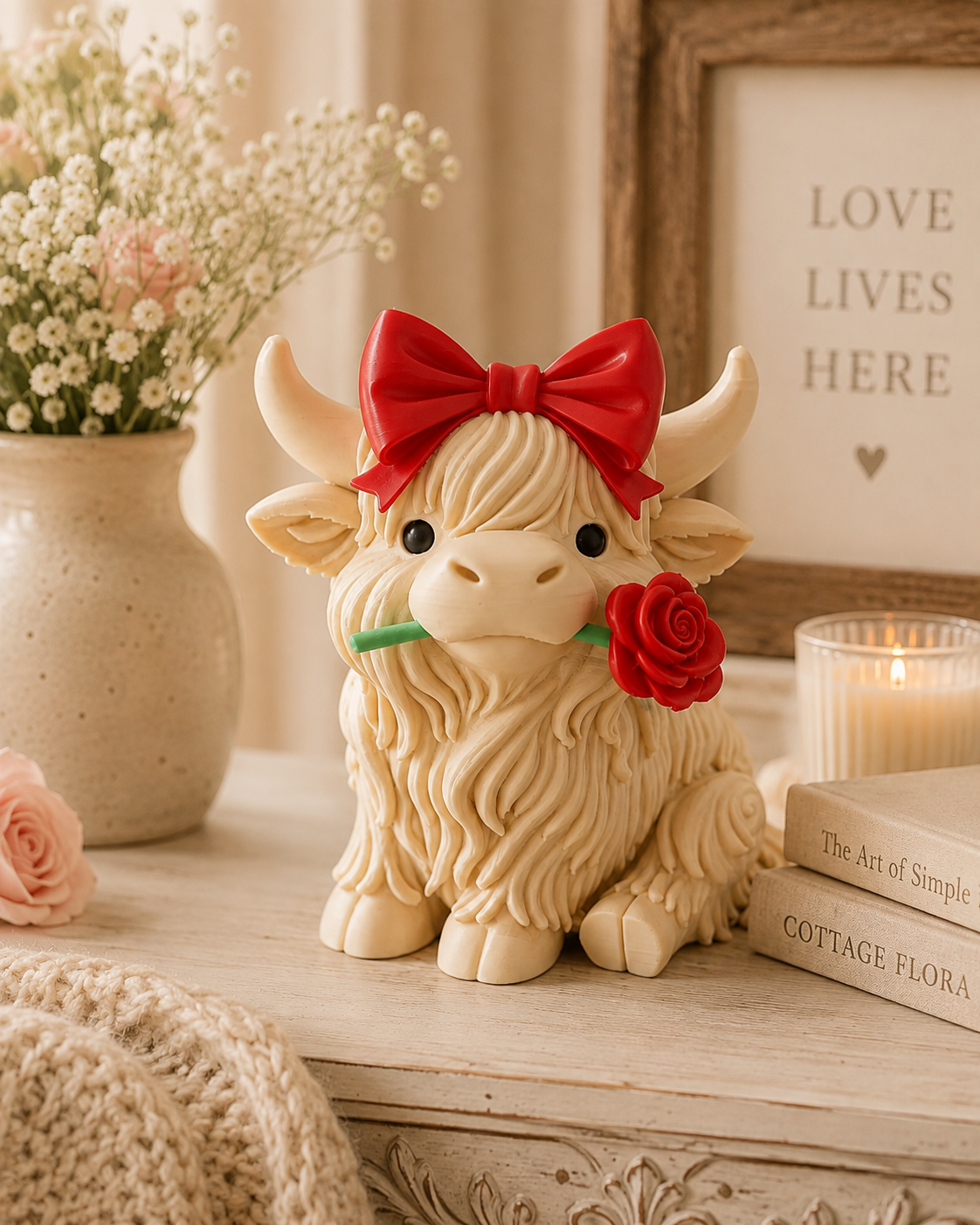 Vache Highland avec rose – Figurine décorative mignonne