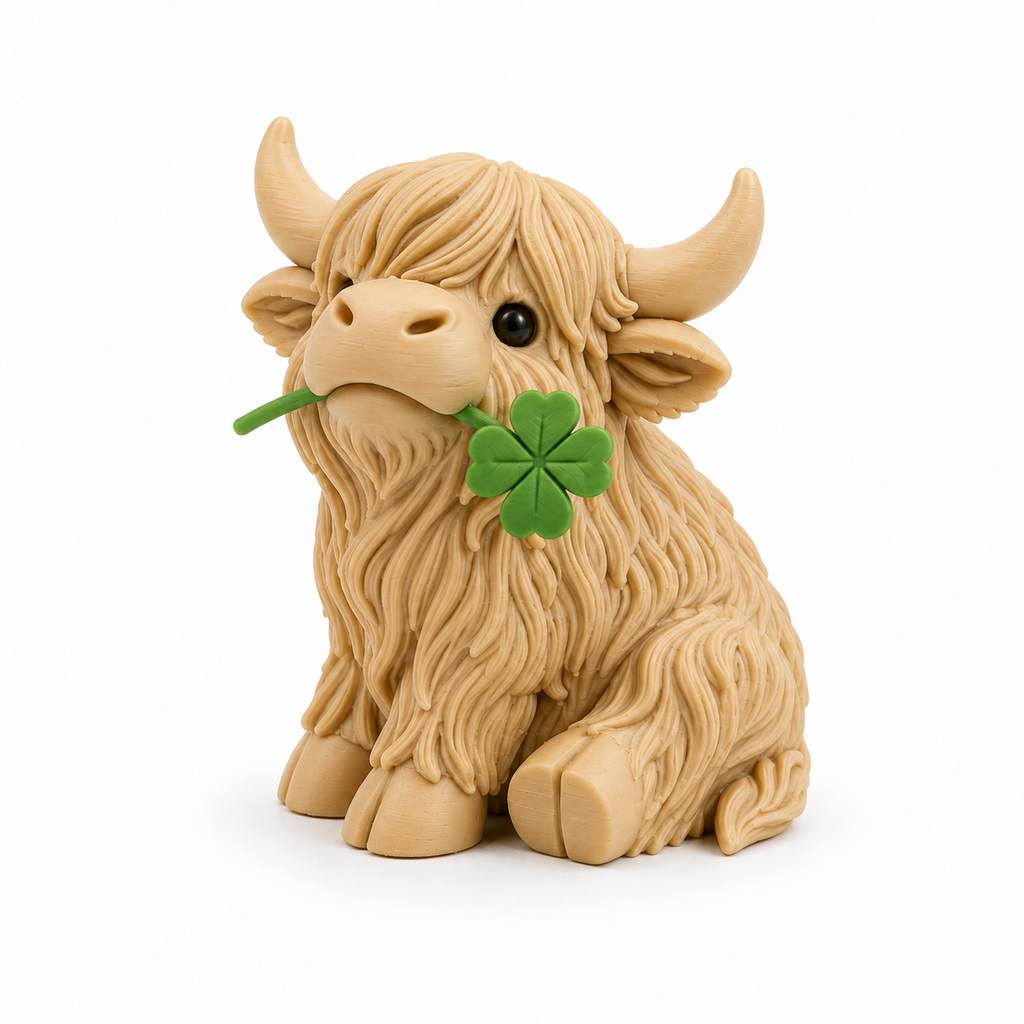 Vache Highland au trèfle – Figurine déco 3D porte-bonheur