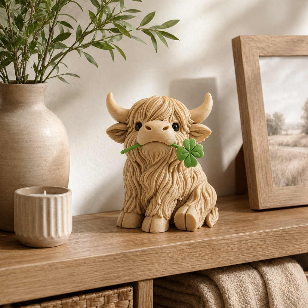 Vache Highland au trèfle – Figurine déco 3D porte-bonheur