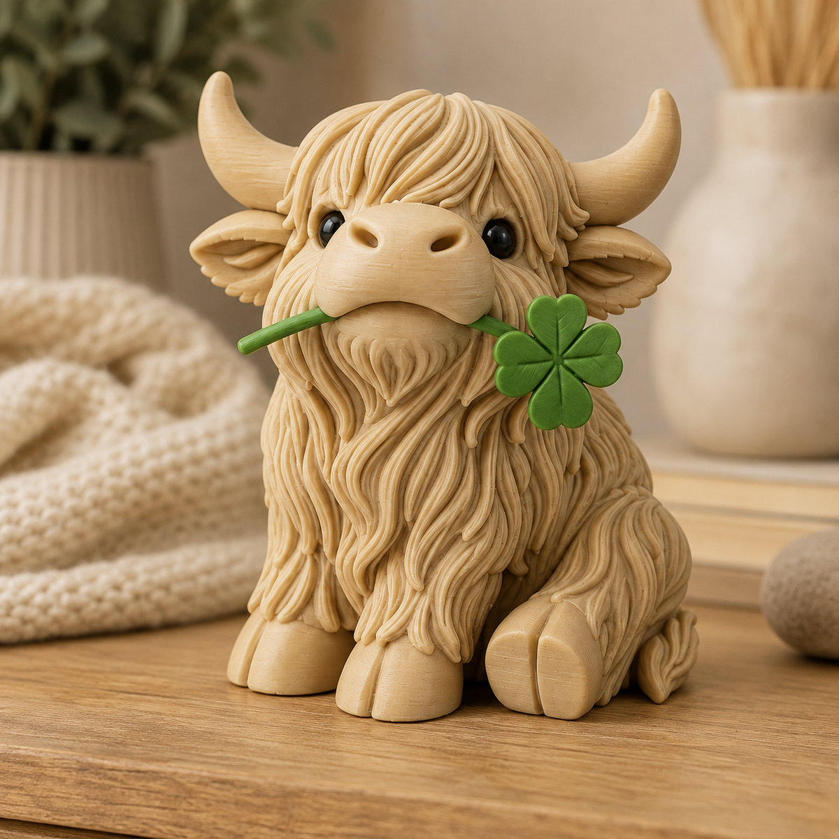 Vache Highland au trèfle – Figurine déco 3D porte-bonheur