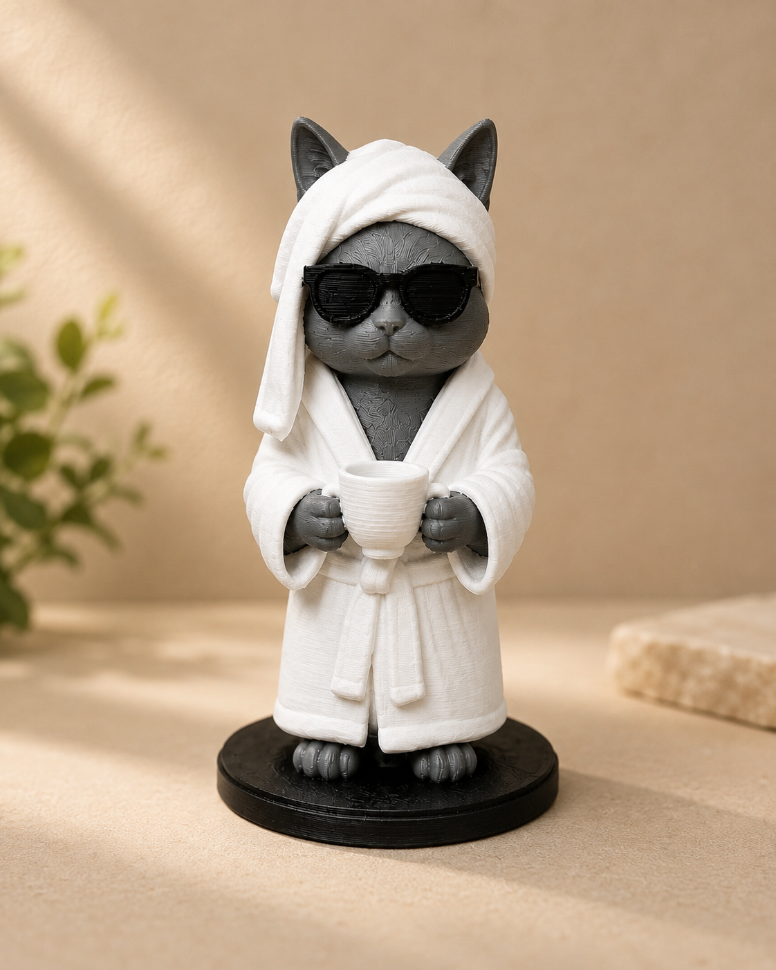 Chat peignoir avec café – Figurine déco détente – vue 3