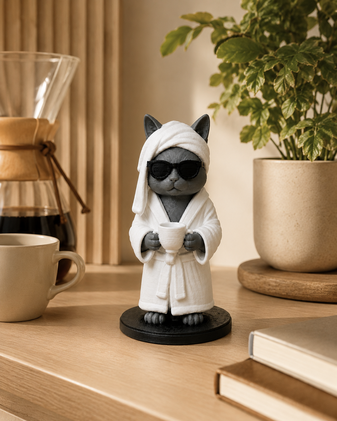 Chat peignoir avec café – Figurine déco détente