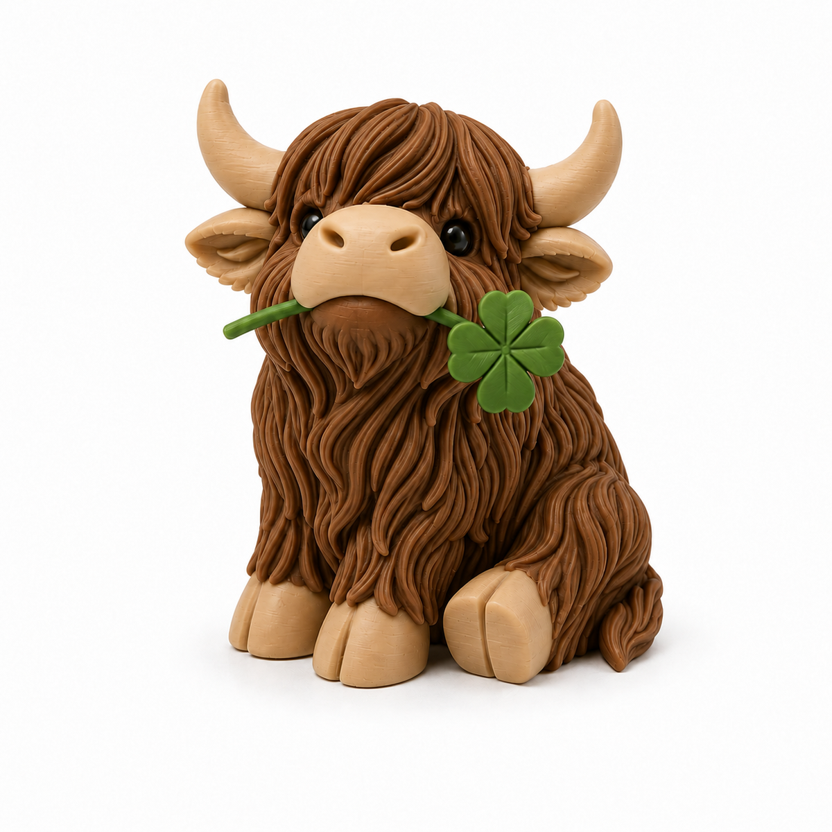 Vache Highland au trèfle – Figurine déco 3D porte-bonheur