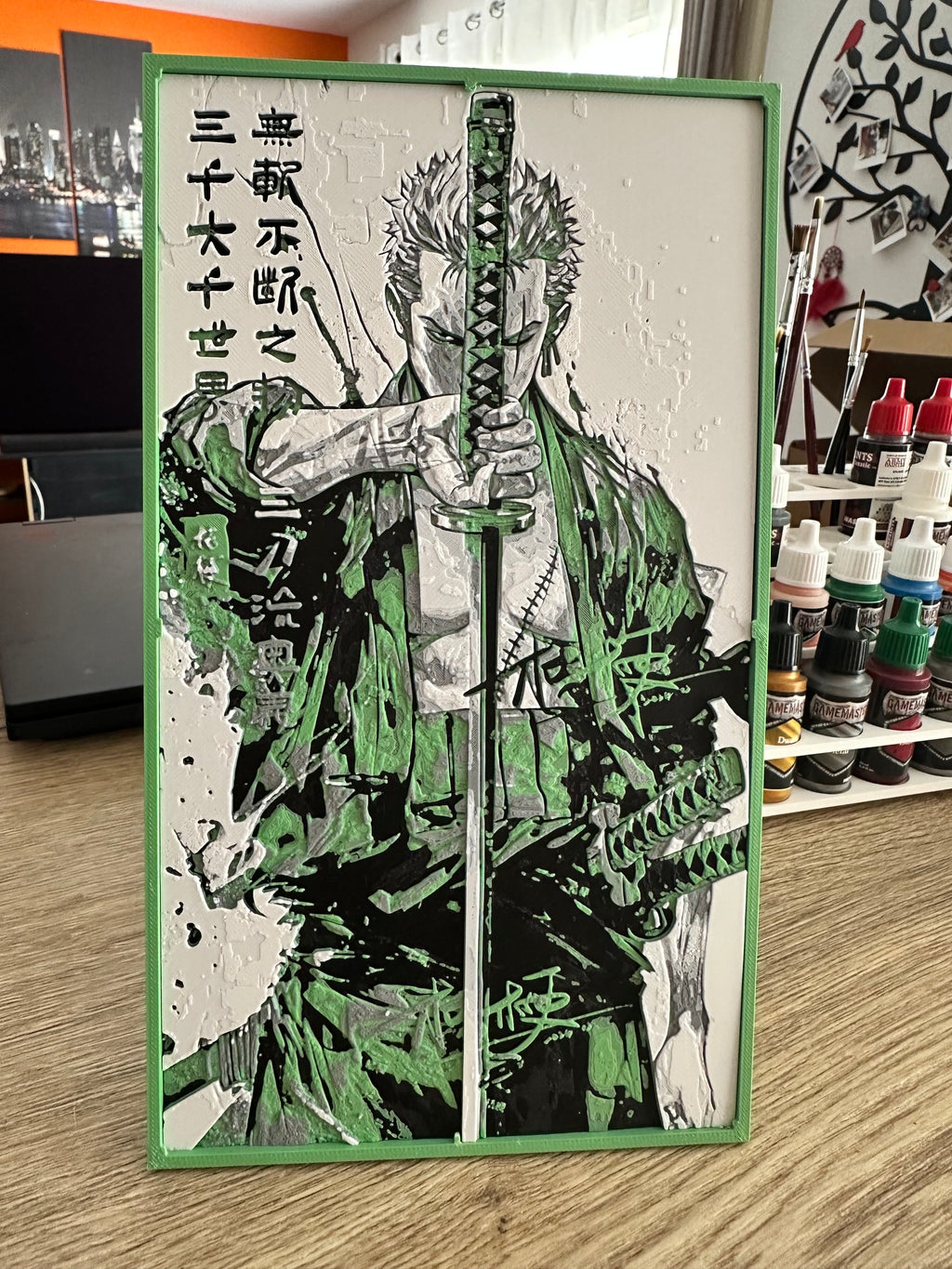 Tableau relief manga sabreur vert – Cadre décoratif 3D
